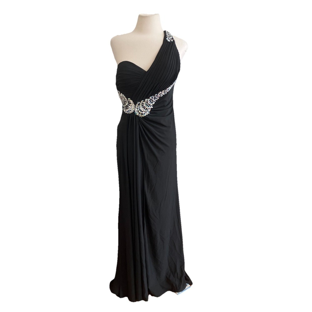 Juliet Maxi‎ Dress Sz Small Black One Shoulder rhinestones sequins Prom Formal